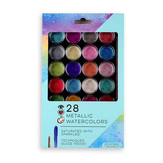 Pack of 28 metallic watercolors with a colorful packaging design on a white background.