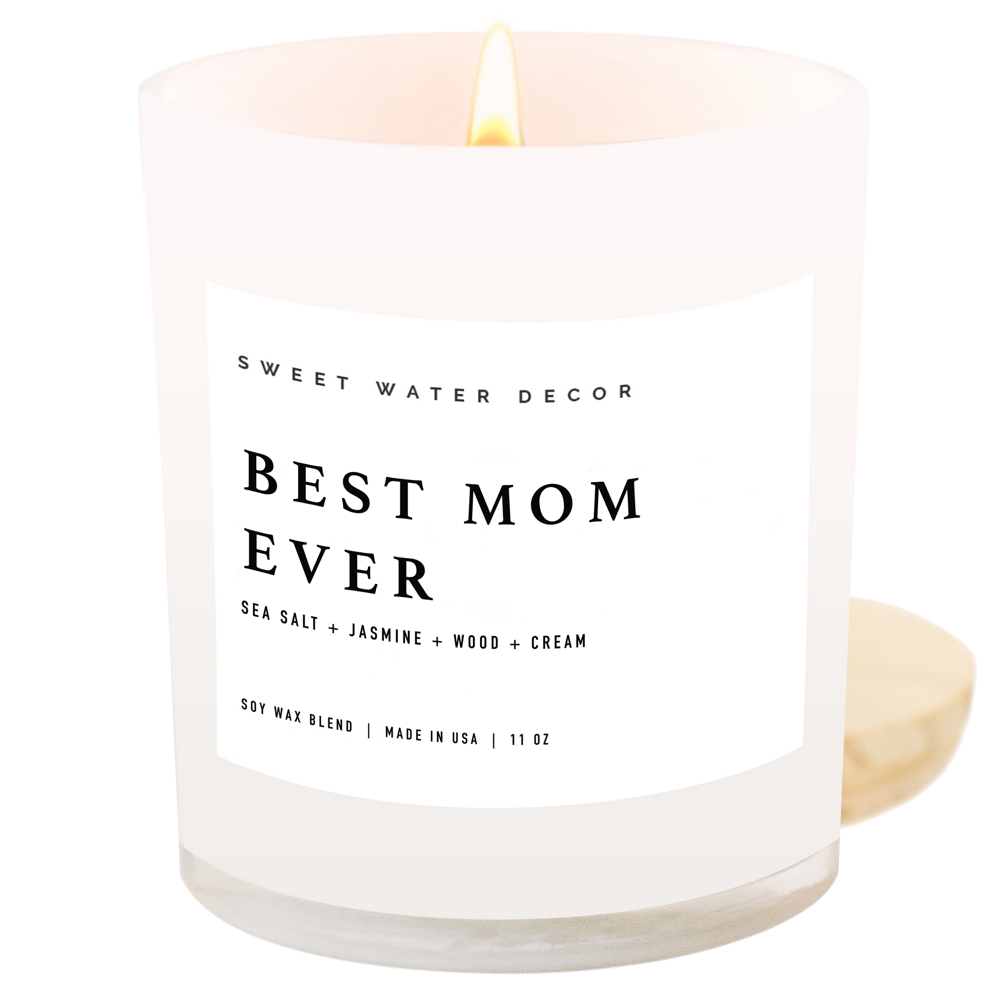 Candle with 'Best Mom Ever' label on a white background