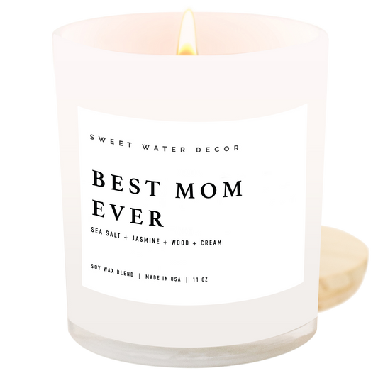 Candle with 'Best Mom Ever' label on a white background