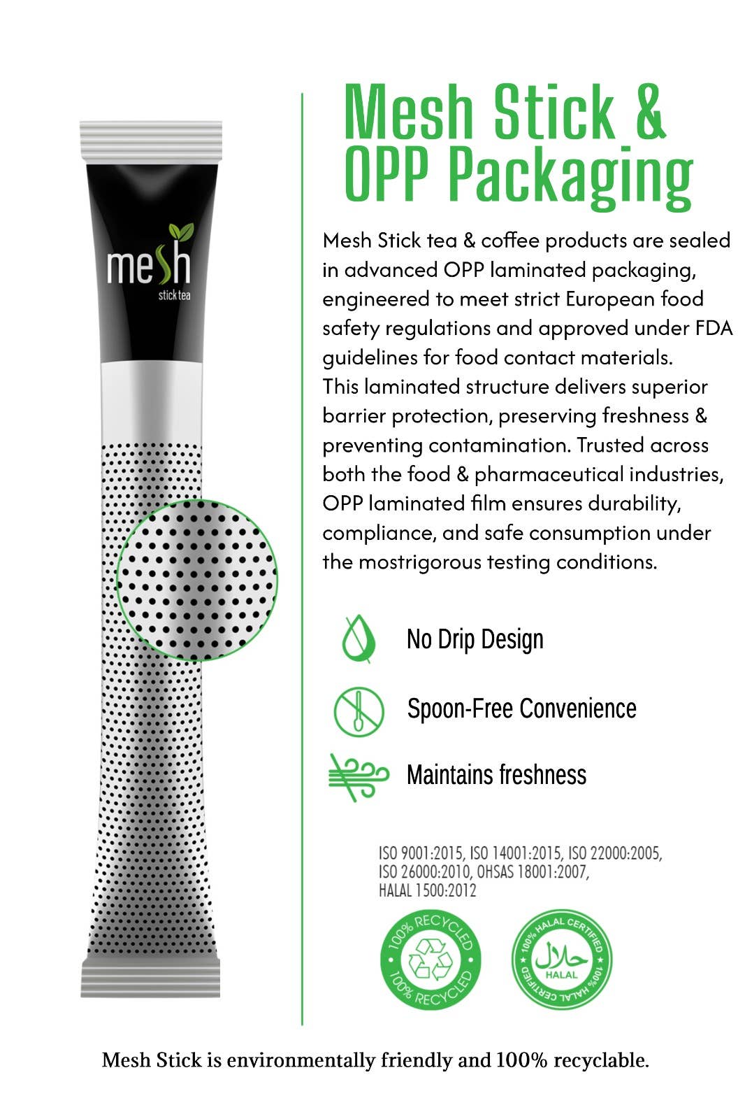 Mesh stick packaging with text on mesh stick and OPP packaging features.