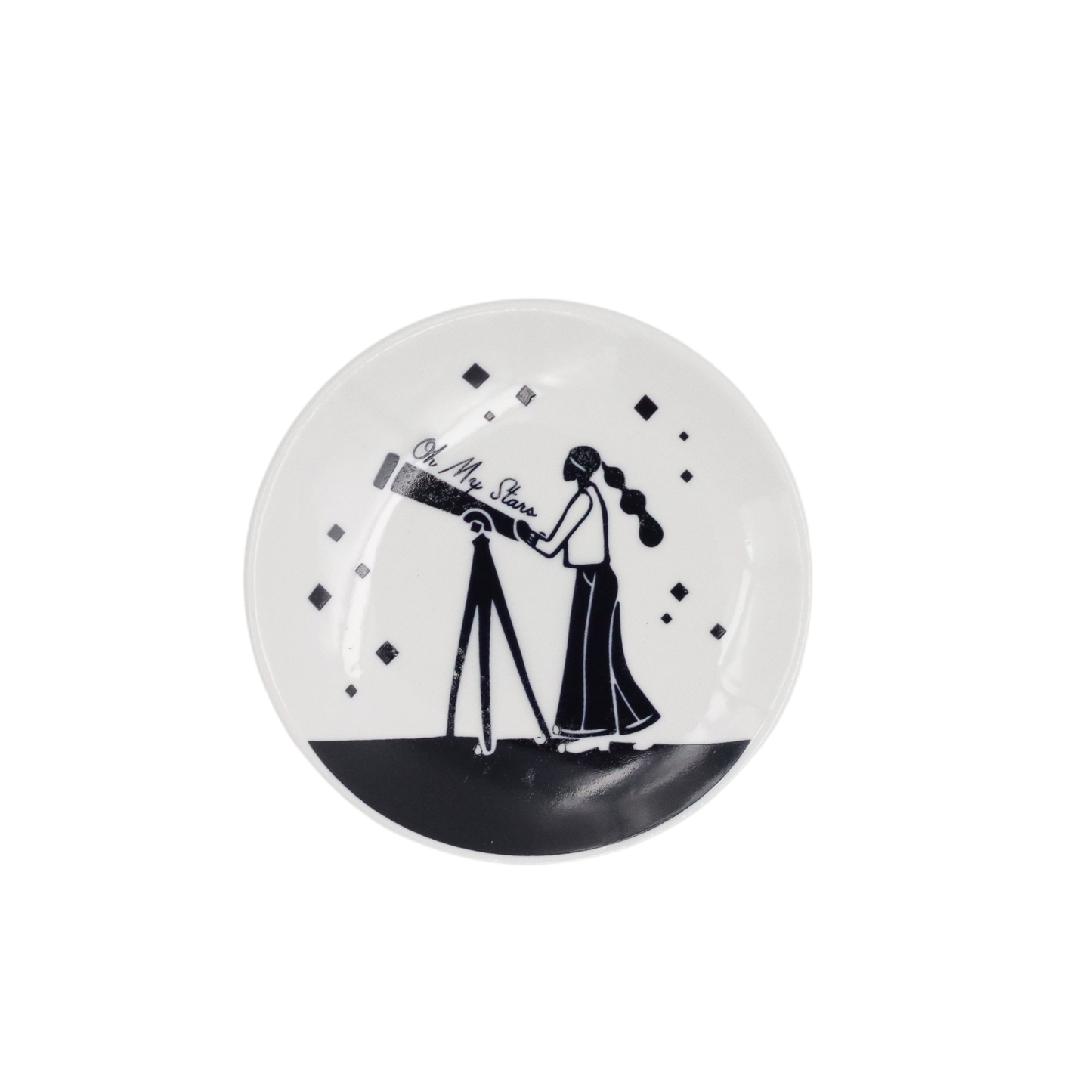 Decorative plate with black and white design of a person with a telescope on a white background