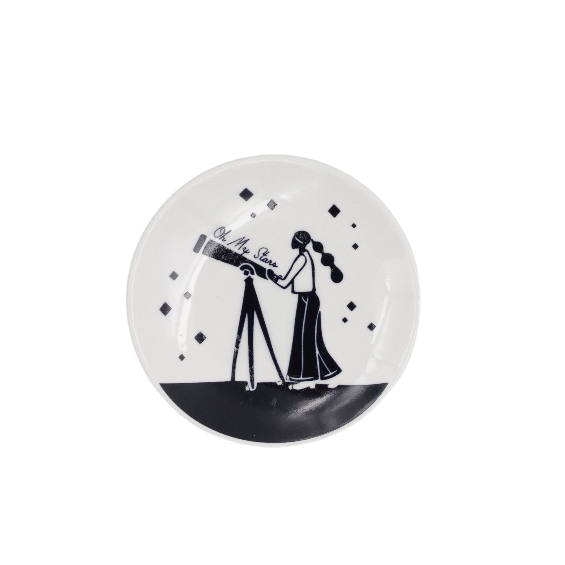 Decorative plate with black and white design of a person with a telescope on a white background