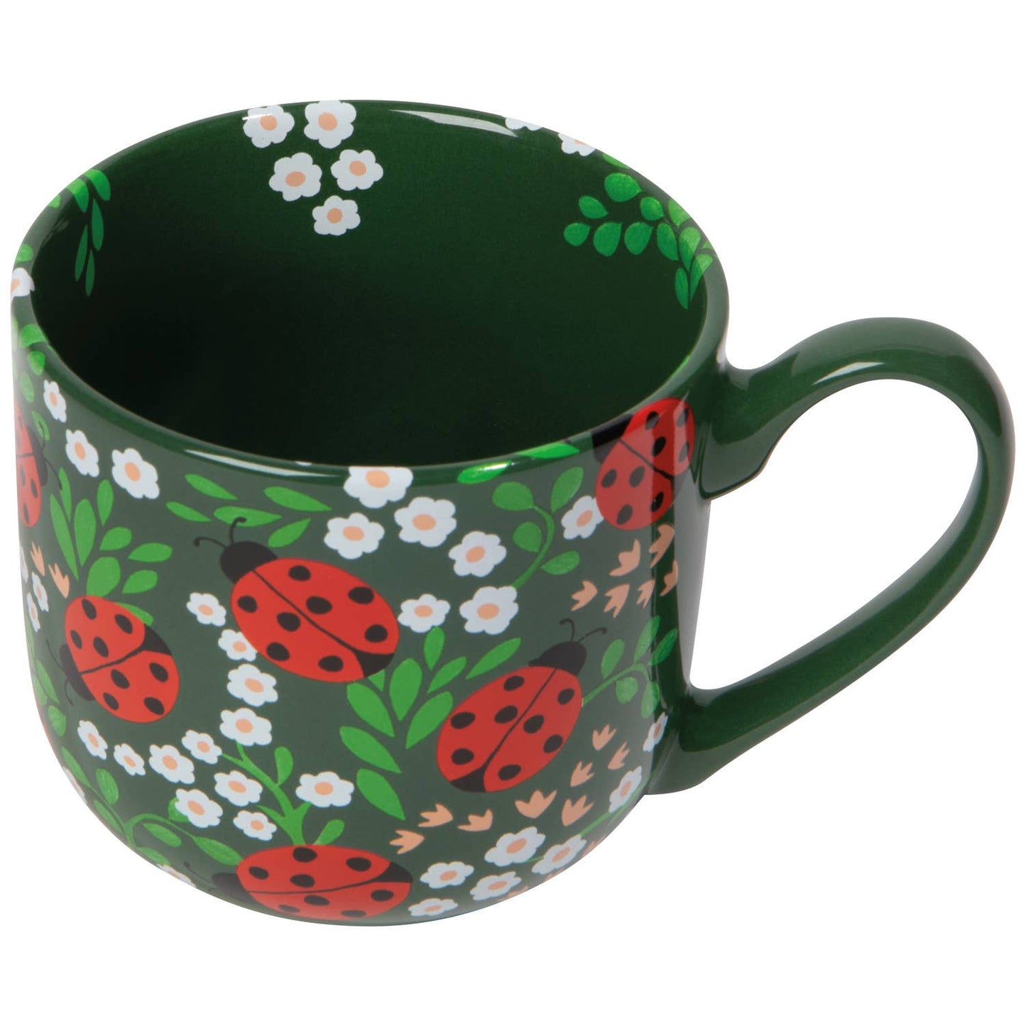 Green mug with ladybug and floral pattern on a white background