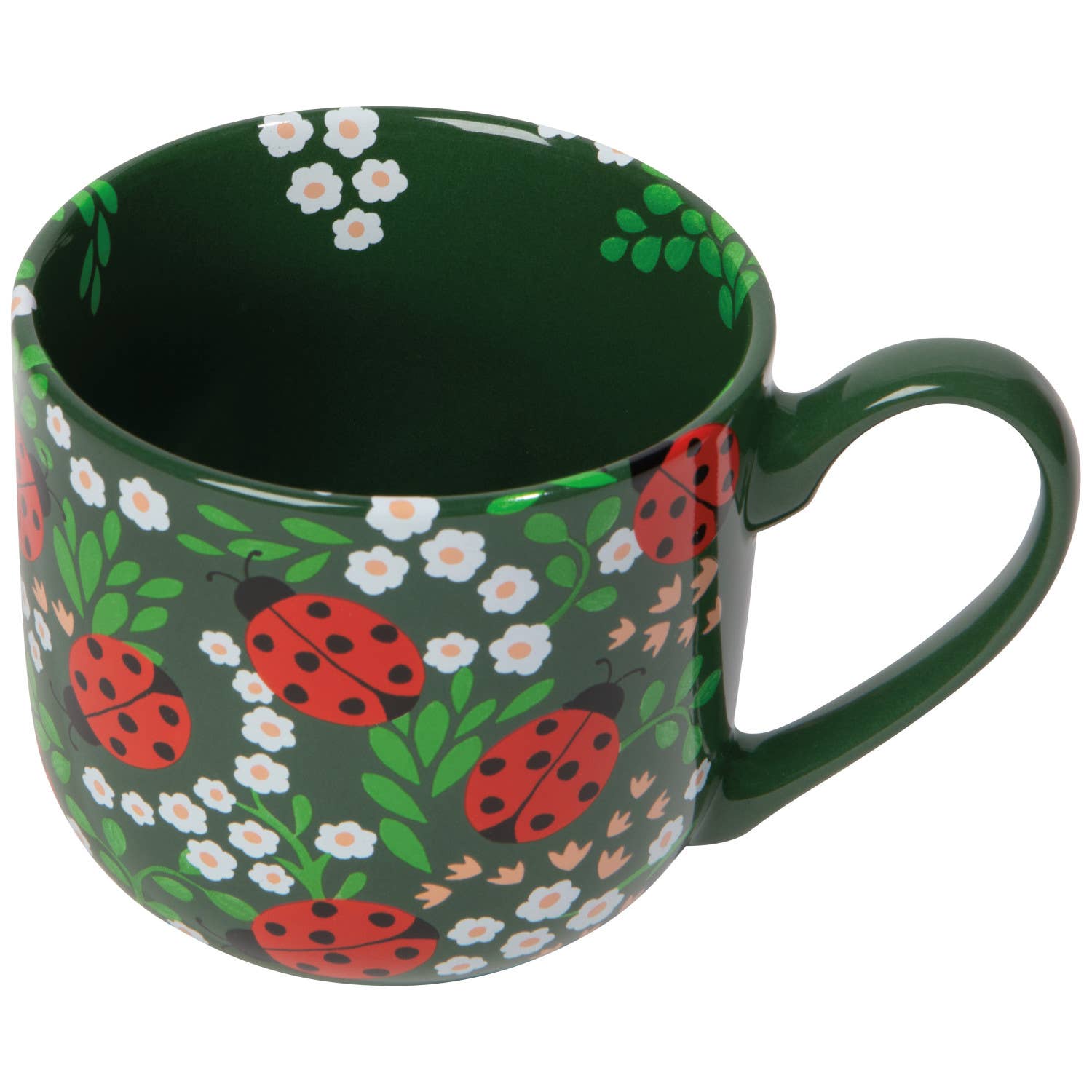 Green mug with ladybug and floral pattern on a white background