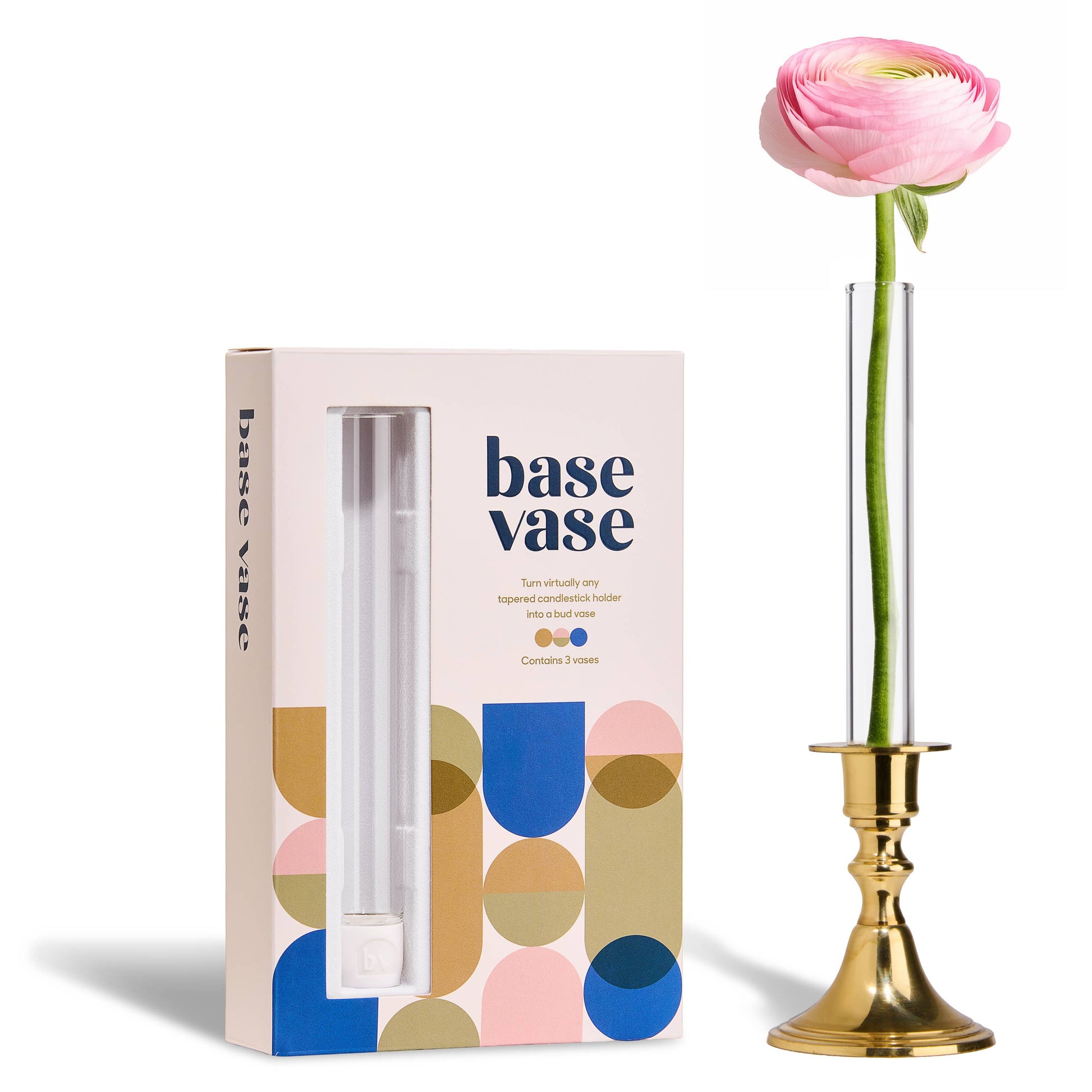 Base vase packaging with a pink flower in a gold holder on a white background