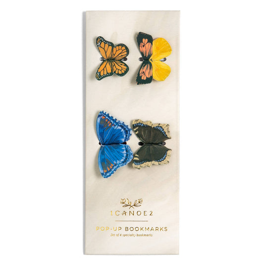 Set of butterfly-shaped pop-up bookmarks on a white card with 'ICANOE2' branding.