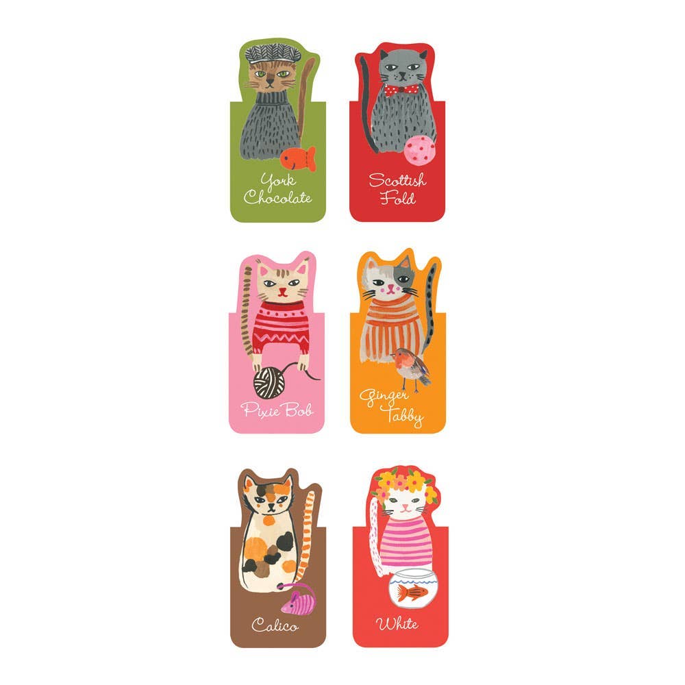 Set of colorful cat-themed bookmarks on a white background