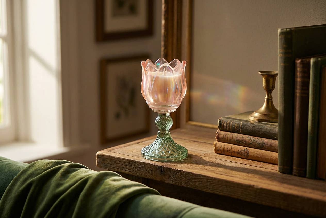 Iridescent Tulip Glass Candle on Pedestal - Peony