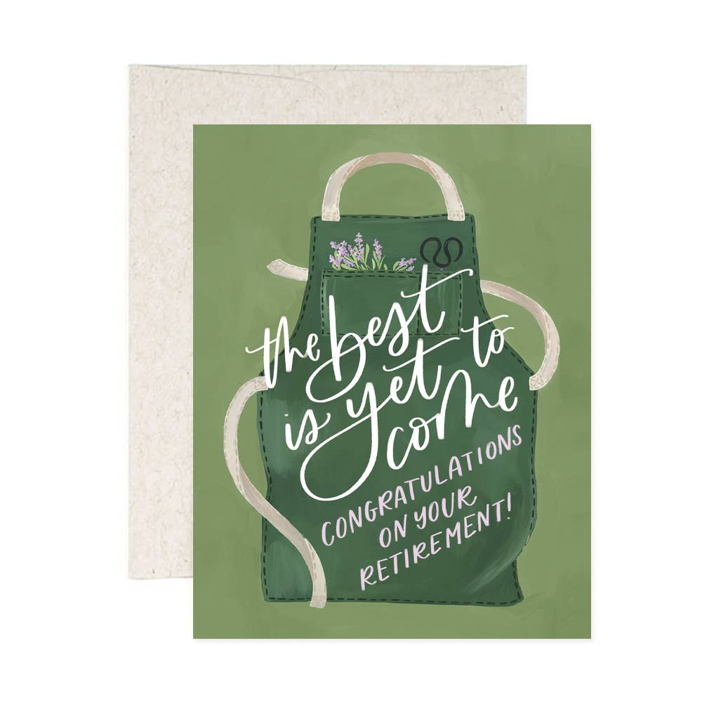 Greeting card with a green apron design and retirement message on a white background