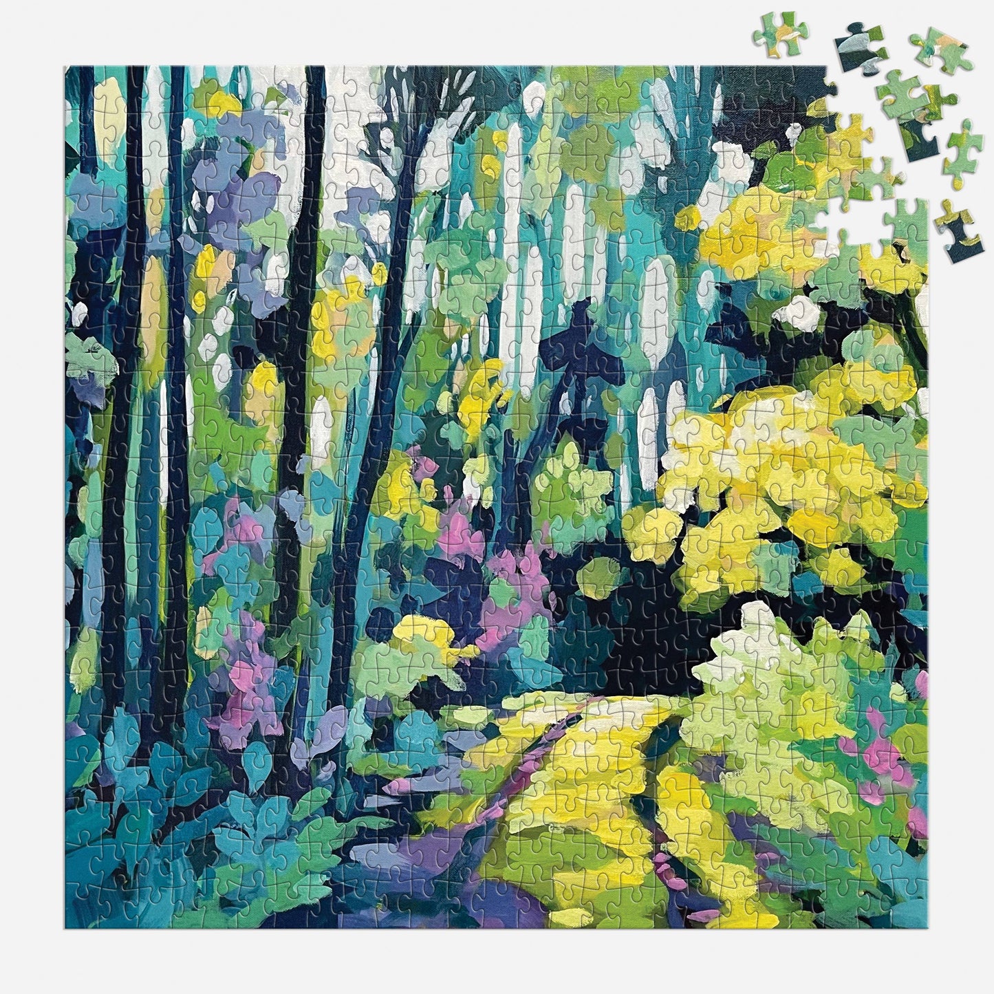 Colorful forest scene jigsaw puzzle with a completed section.