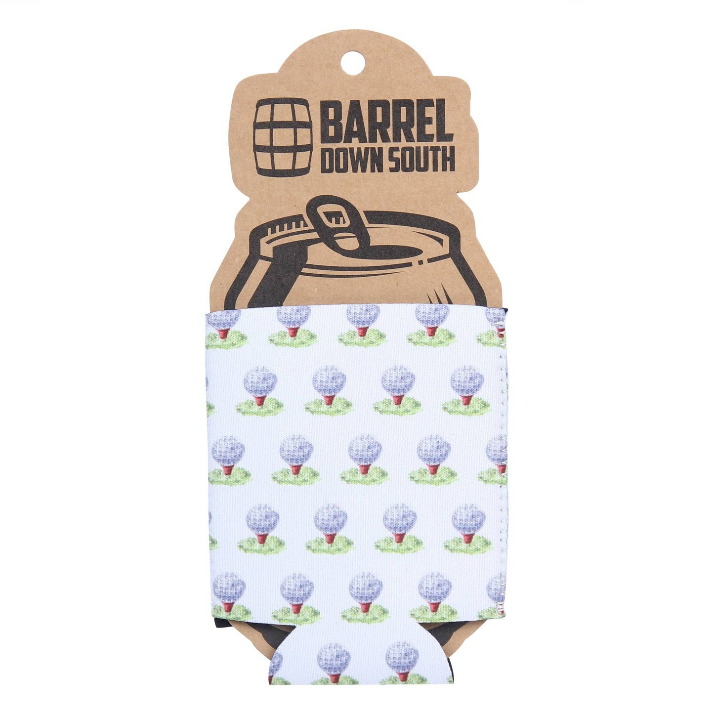 Koozie with hot air balloon pattern and 'Barrel Down South' packaging on a white background