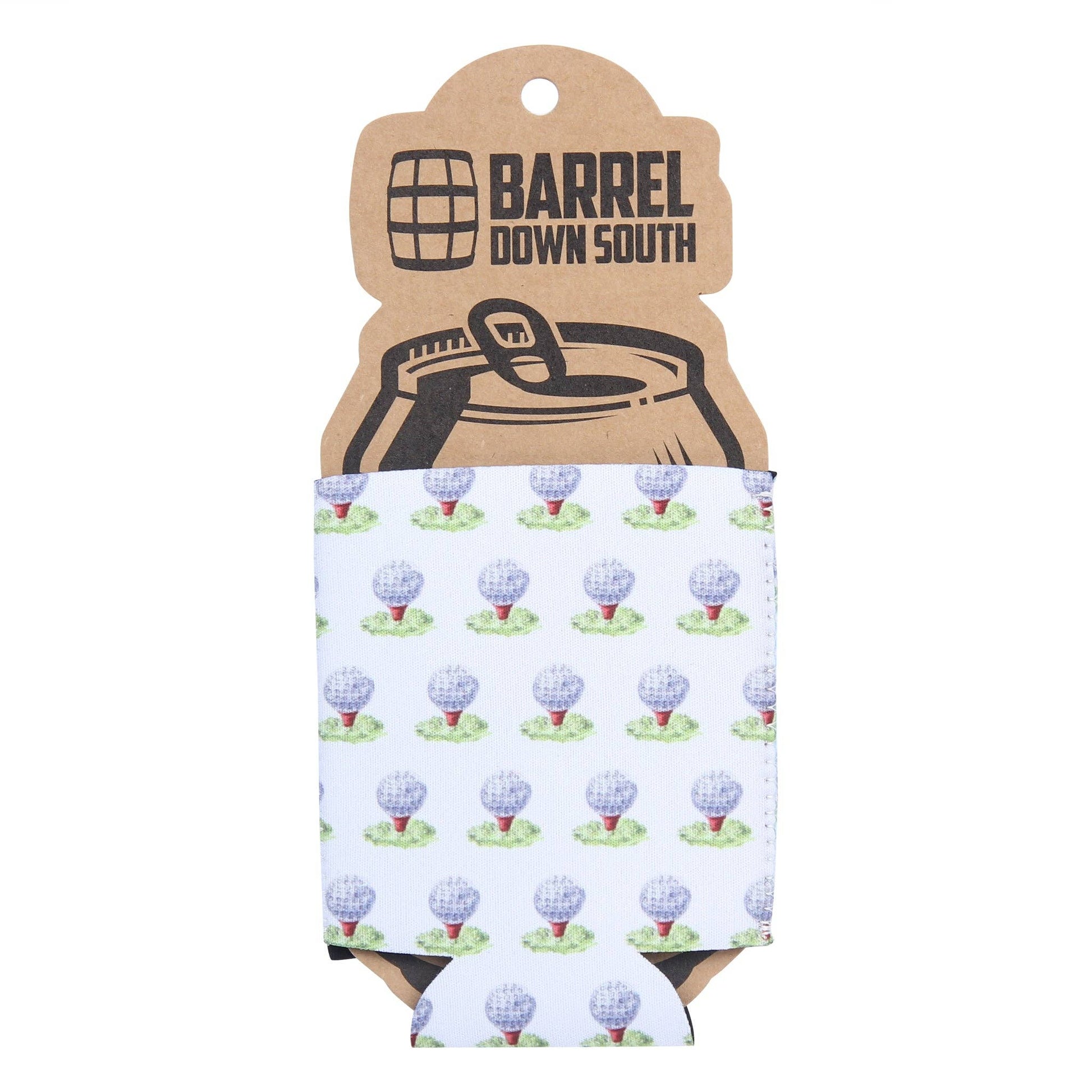 Koozie with hot air balloon pattern and 'Barrel Down South' packaging on a white background