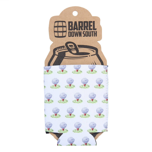 Koozie with hot air balloon pattern and 'Barrel Down South' packaging on a white background