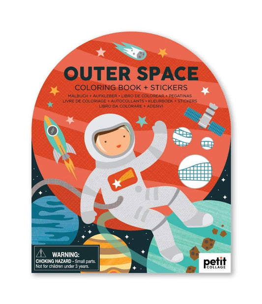 Outer Space coloring book and stickers with an astronaut design on a red background