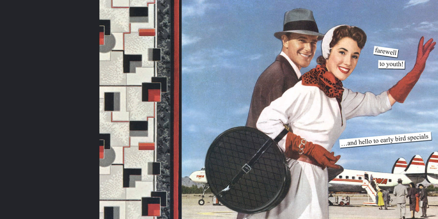 Vintage-style advertisement with a couple by an airport, airplane in the background