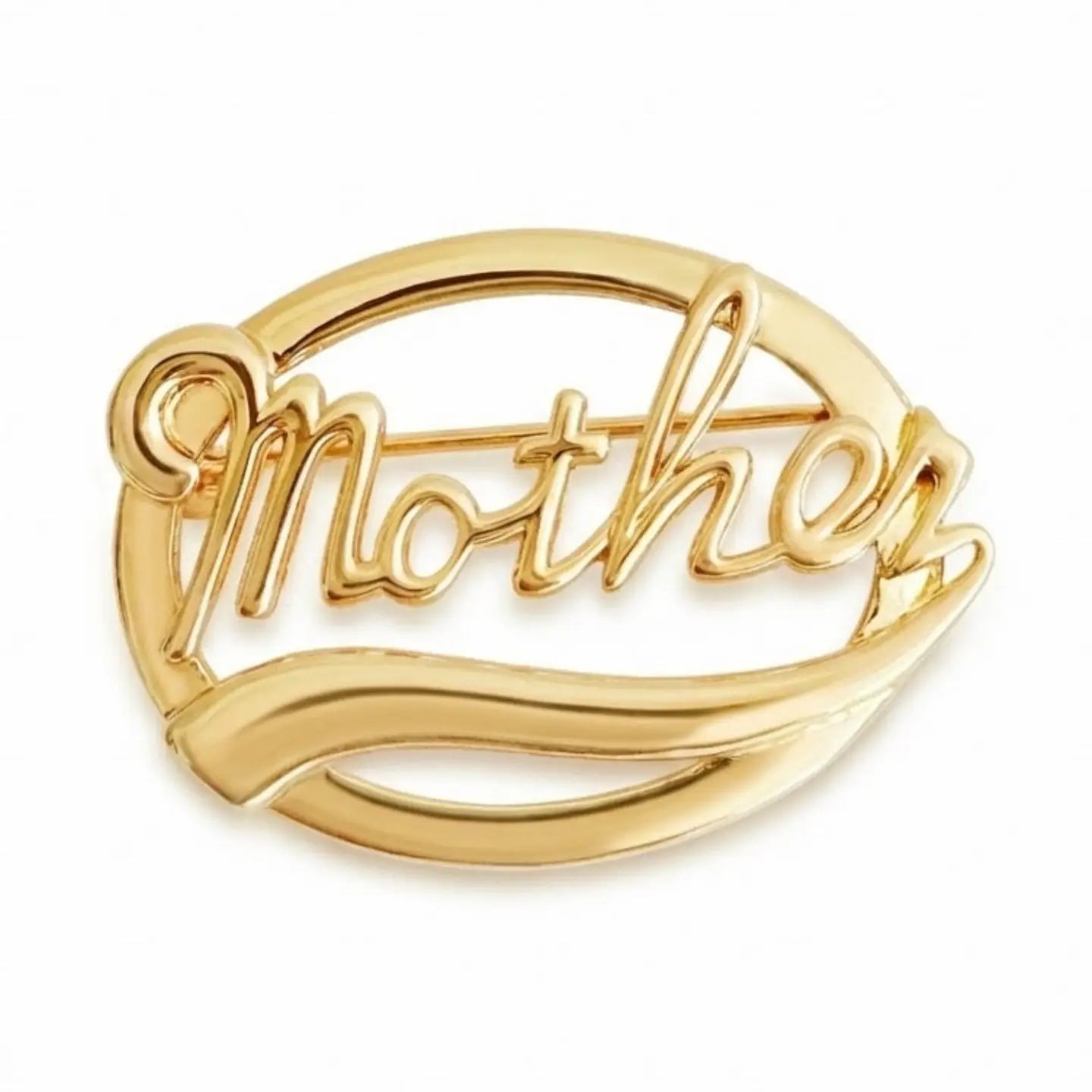 Gold 'Mother' brooch on a white background