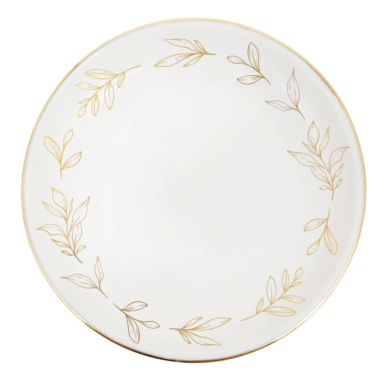 White plate with gold leaf patterns on a white background