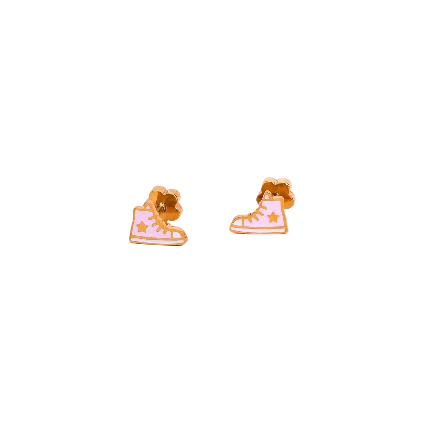 A pair of small gold-tone stud earrings shaped like high-top sneakers with pink and white details, displayed on a solid white background.