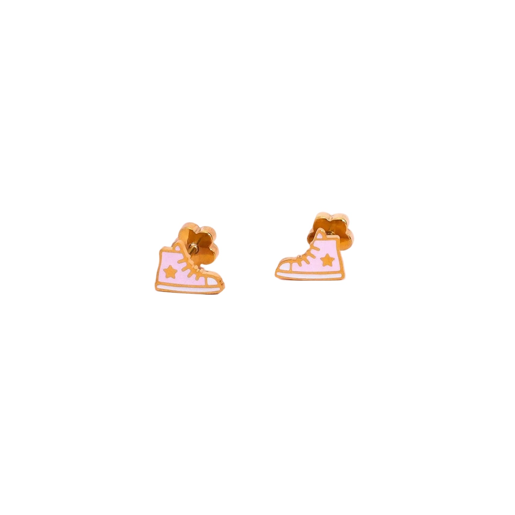 A pair of small gold-tone stud earrings shaped like high-top sneakers with pink and white details, displayed on a solid white background.
