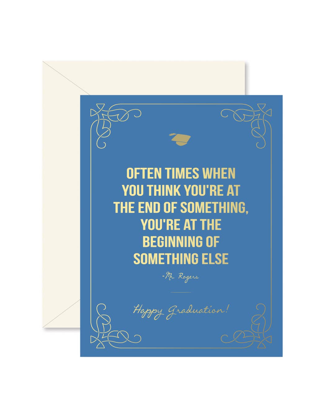 Blue graduation card with yellow text and decorative elements on a white background