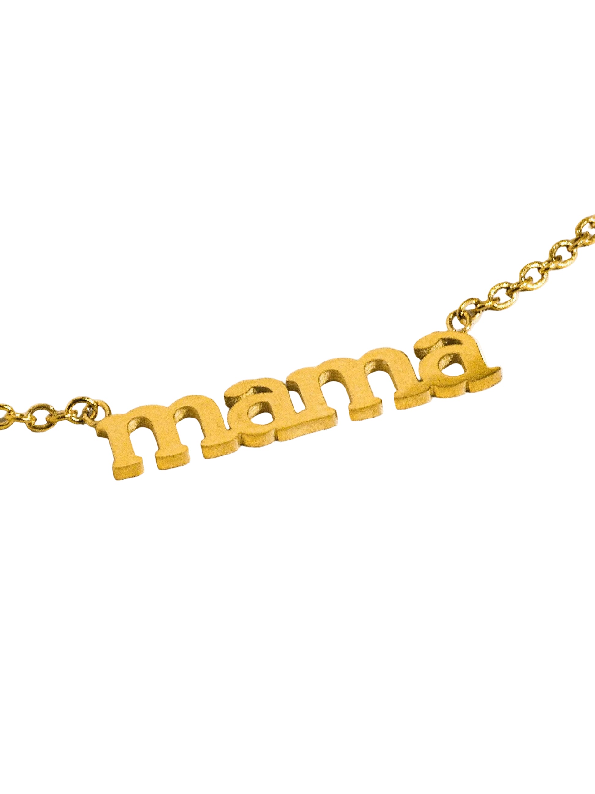 Gold necklace with 'mama' pendant on a white background