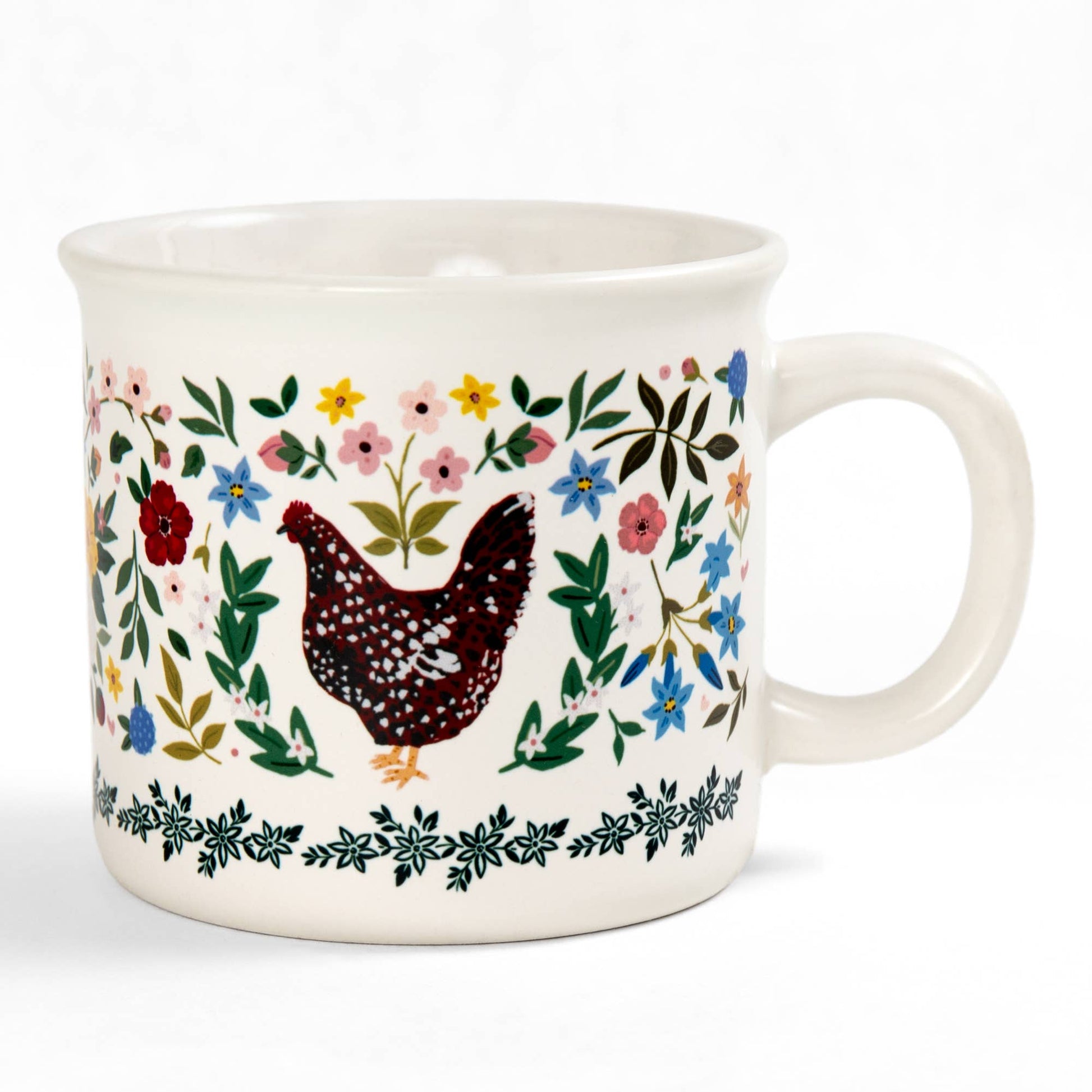 White mug with a chicken and floral design on a white background