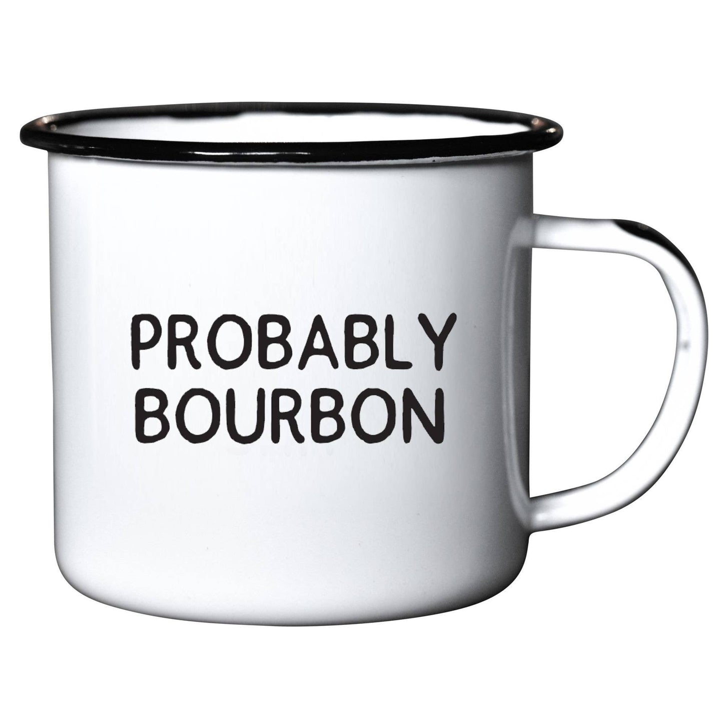 White mug with black rim and handle, featuring the text 'PROBABLY BOURBON' on a white background.