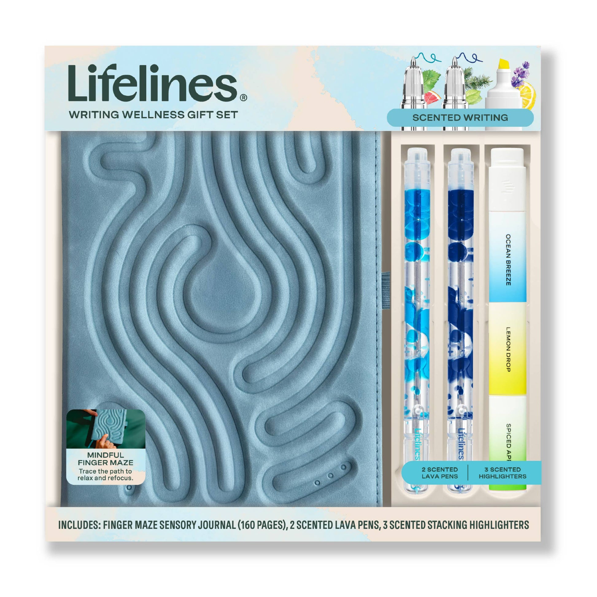 Lifelines Writing Wellness Gift Set that includes a light blue inger maze sensory journal, 2 scented lava pens (light and dark blue), and 3 scented highlighters (blue, yellow, and green)