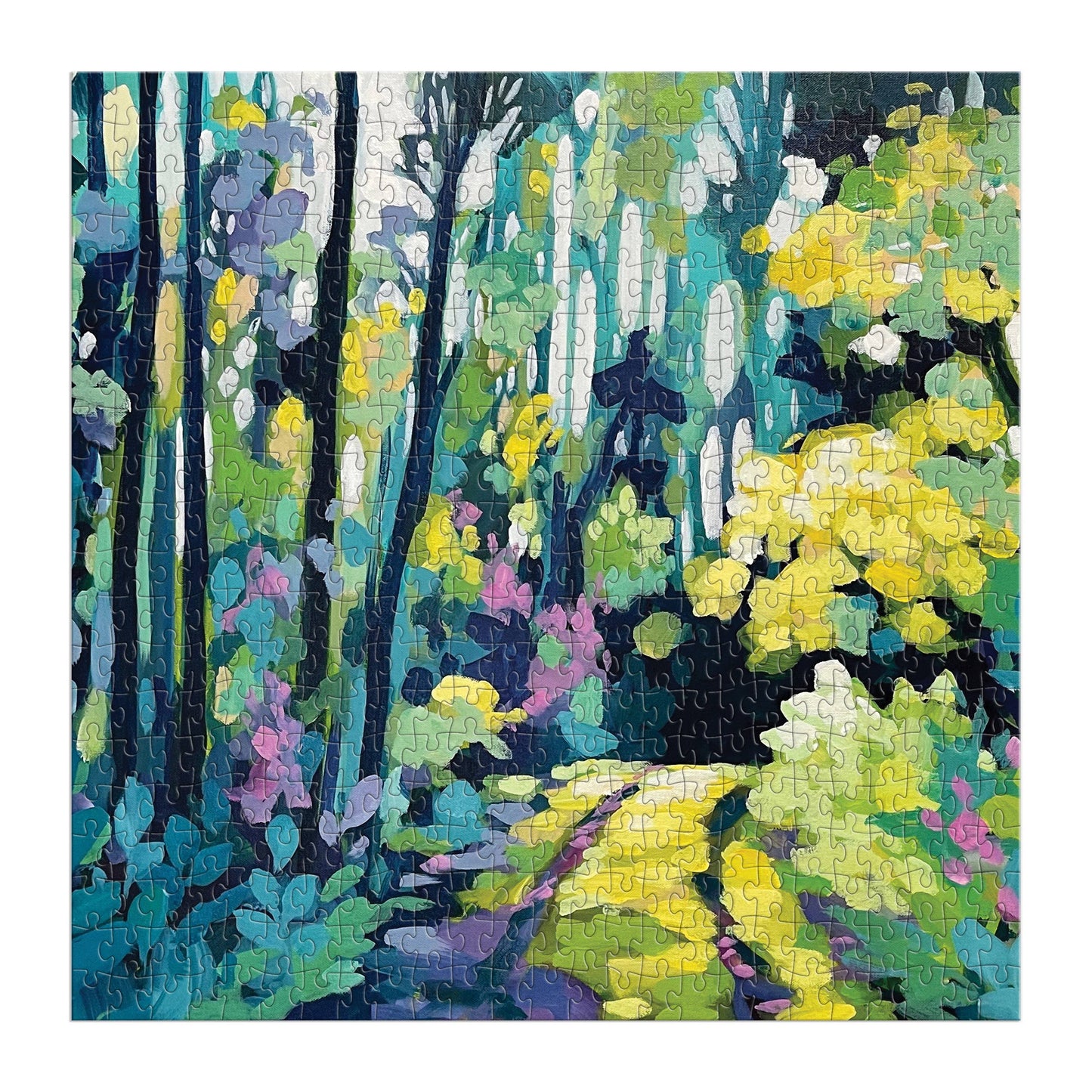 Colorful forest scene puzzle with various shades of green, blue, and yellow.
