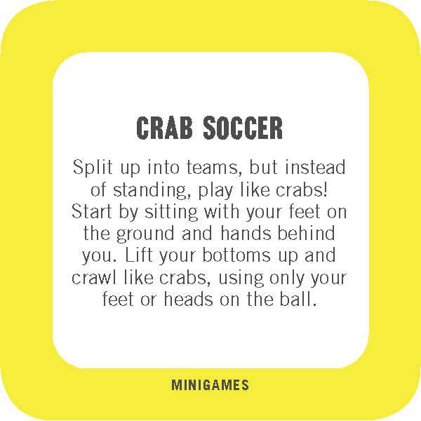 Instructional card for 'Crab Soccer' game with yellow border and white center.
