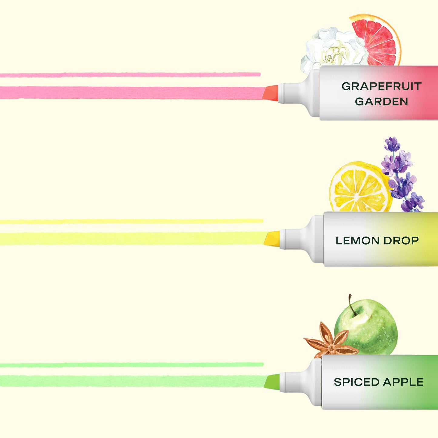 Three colorful highlighters labeled Grapefruit Garden (pink), Lemon Drop (Yellow), and Spiced Apple (Green) with corresponding fruit illustrations on a white background.