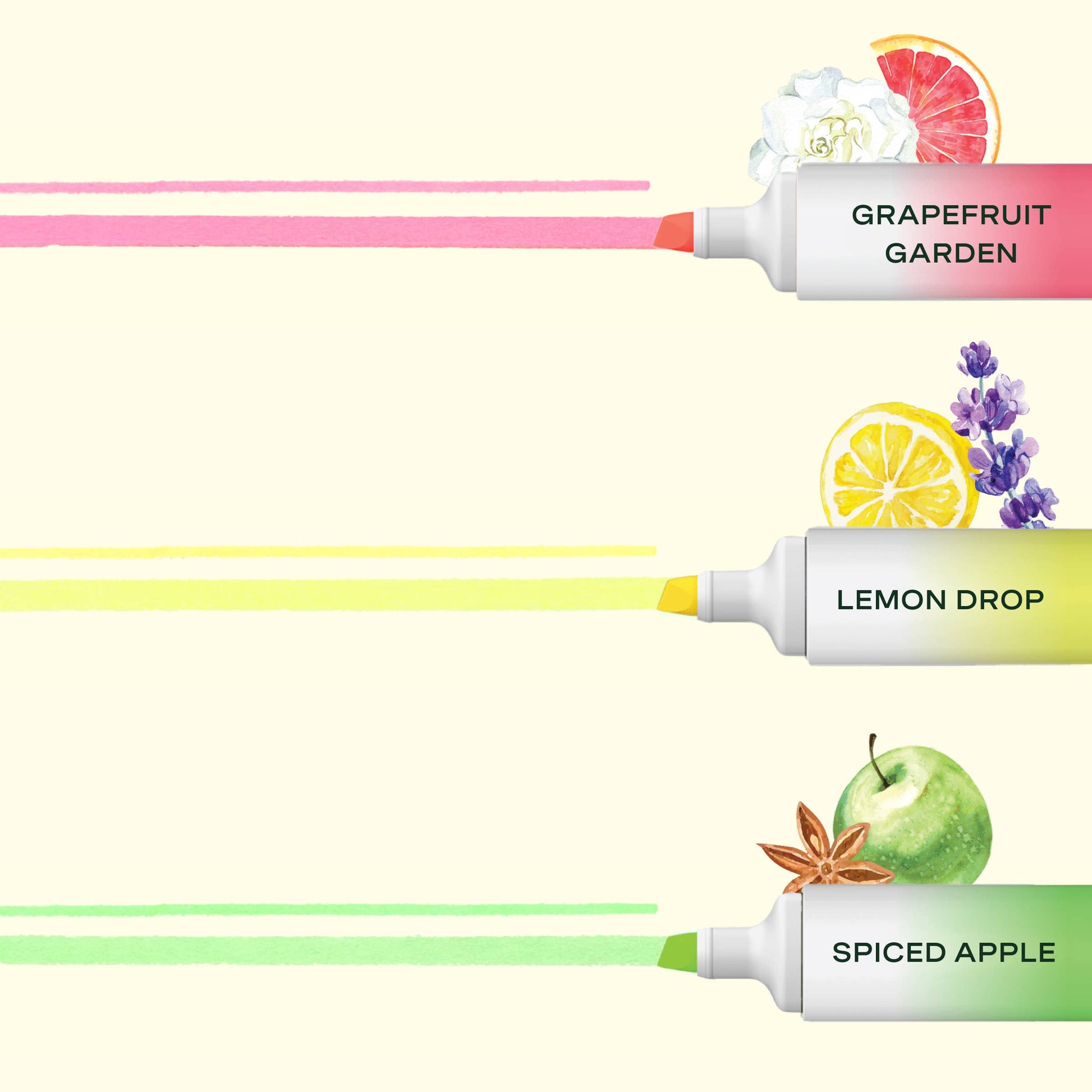 Three colorful highlighters labeled Grapefruit Garden (pink), Lemon Drop (Yellow), and Spiced Apple (Green) with corresponding fruit illustrations on a white background.
