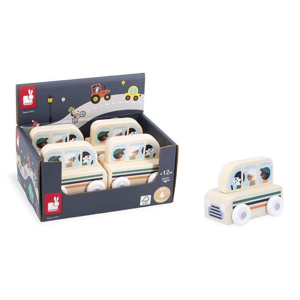 Wooden toy car with a display box on a white background