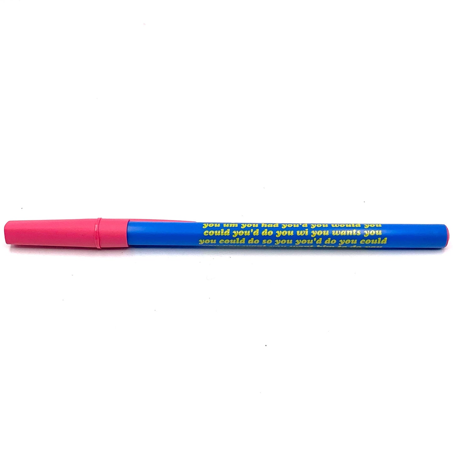 Blue and pink marker with text on a white background