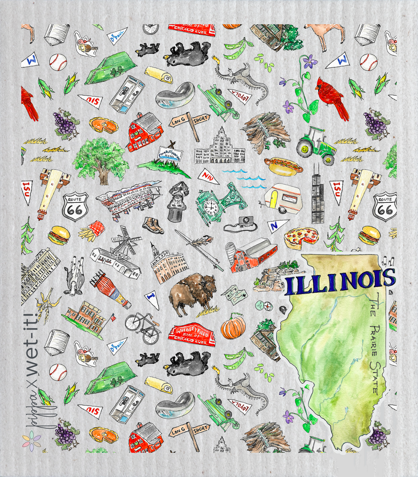 Map of Illinois with various icons and symbols on a light gray background