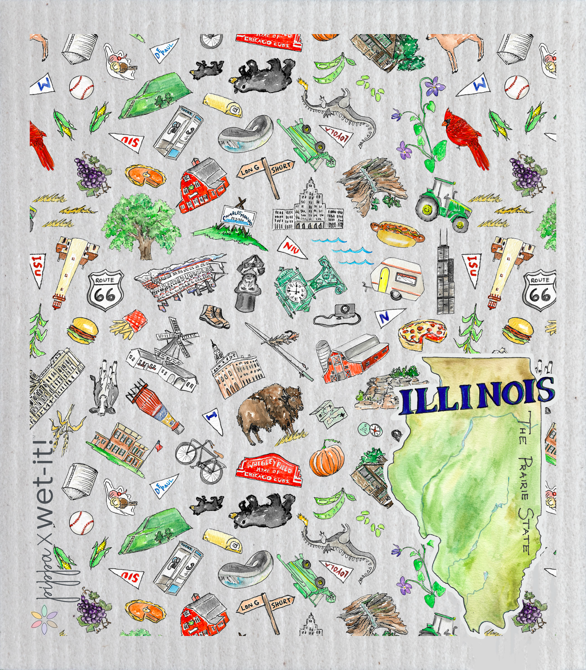 Map of Illinois with various icons and symbols on a light gray background