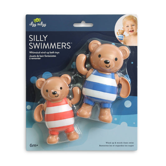 Packaging of 'Silly Swimmers' bath toys featuring teddy bears in striped swimsuits.