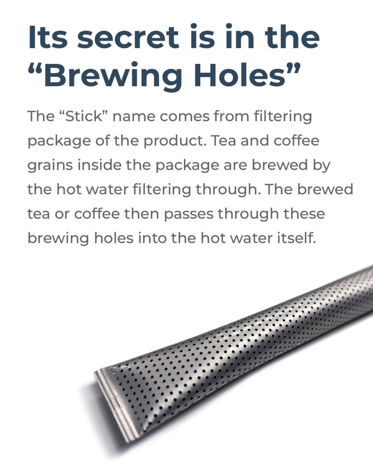 Perforated metal stick with text explaining its brewing mechanism on a white background