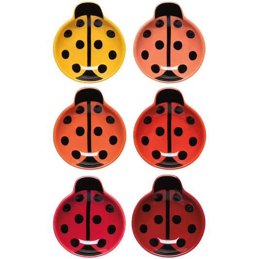 Set of six ladybug-shaped mini bowls in different shades of yellow, orange and red on a white background