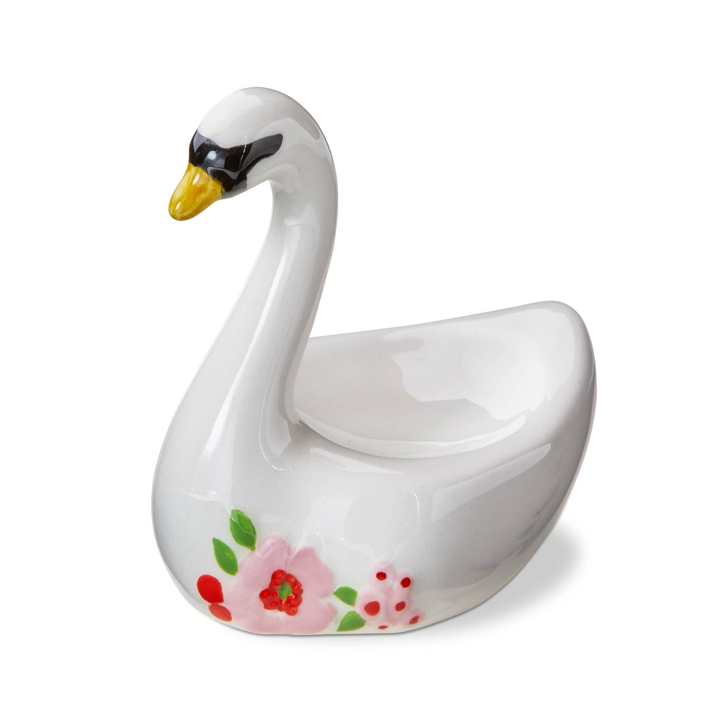 Swan shaped ring dish with pin and red flower detail on a white background