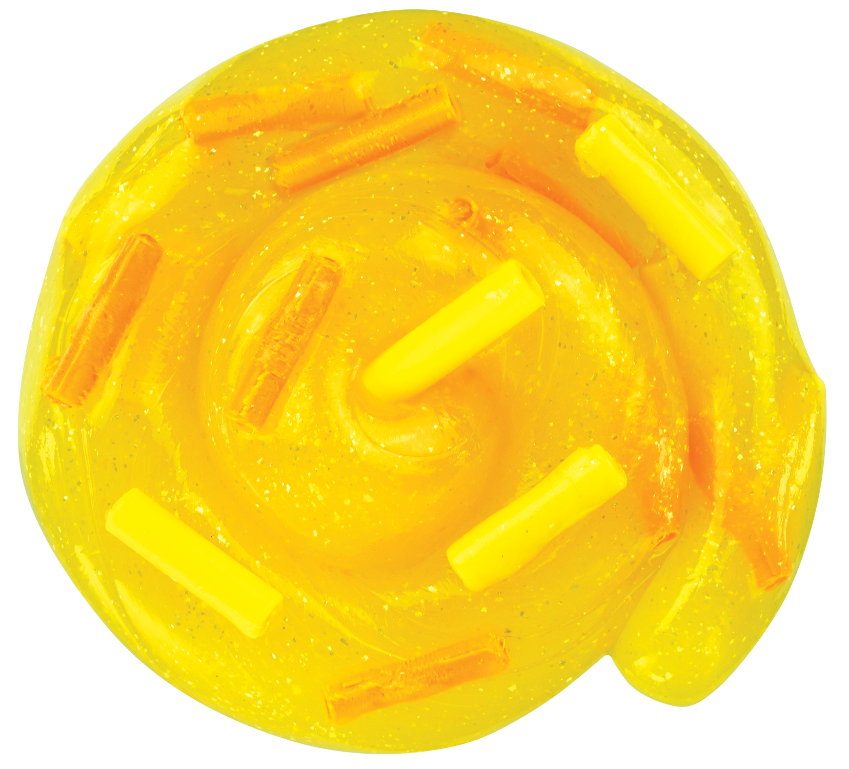 Yellow plastic ball with a maze-like design on a white background