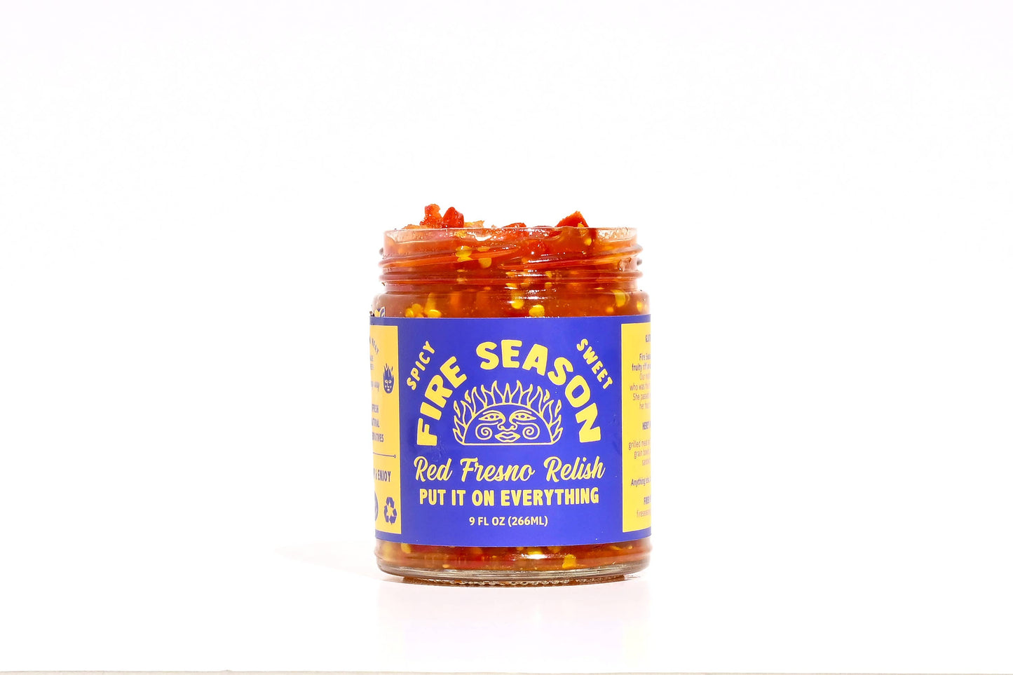 Jar of Fire Season Red Fresno Relish on a white background