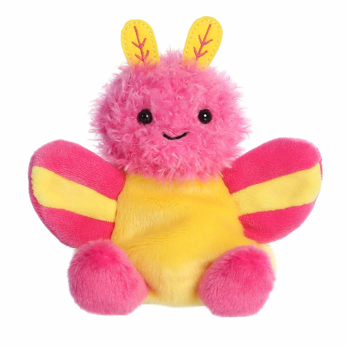 Plush toy butterfly with pink and yellow colors on a white background