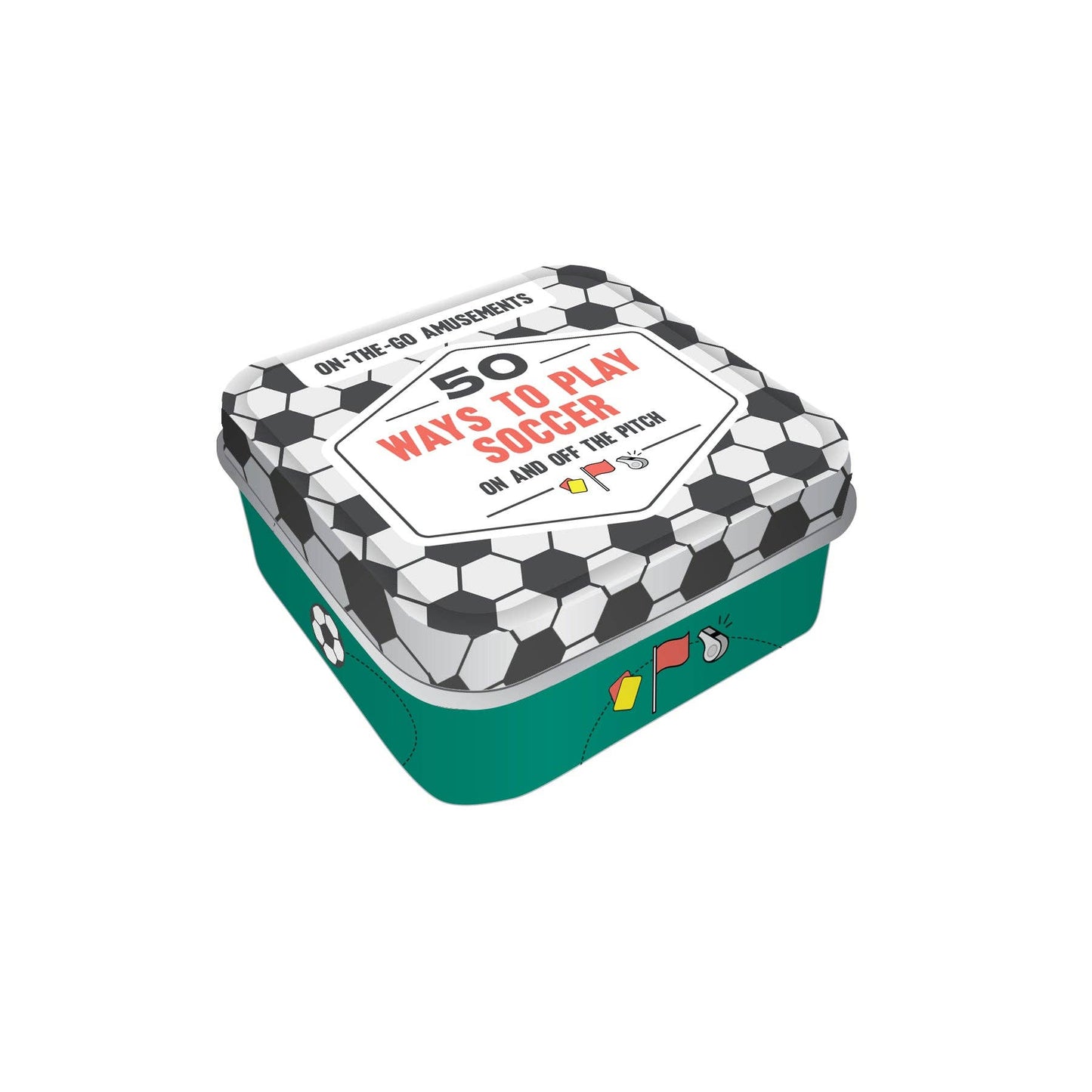 Soccer-themed game box with '50 Ways to Play Soccer' text on a white background