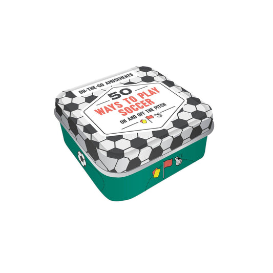 Soccer-themed game box with '50 Ways to Play Soccer' text on a white background
