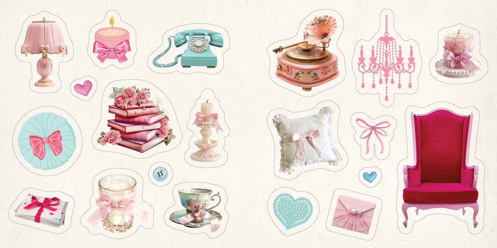 Collection of decorative stickers featuring various objects like books, candles, armchairs, lamps, pillows, teacups on a white background