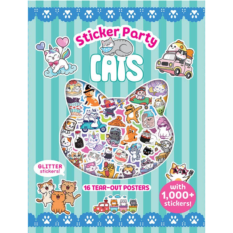 Sticker book cover with cat-themed stickers and text on a blue striped background