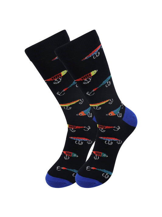 Black socks with colorful fishing lure design on a white background