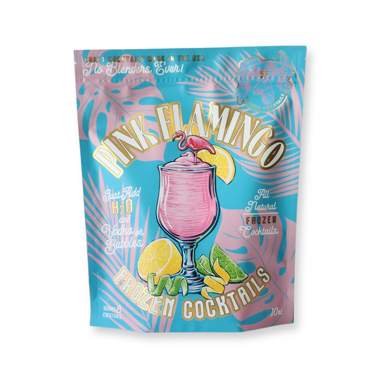 Pink Flamingo cocktail mix packaging with tropical design on a white background