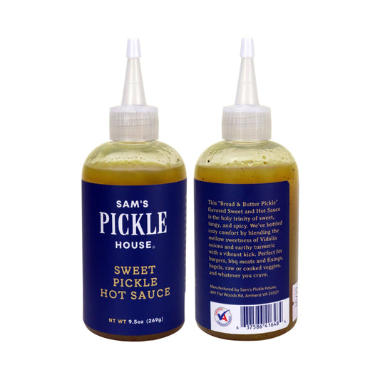Two bottles of Sam's Pickle House Sweet Pickle Hot Sauce on a white background